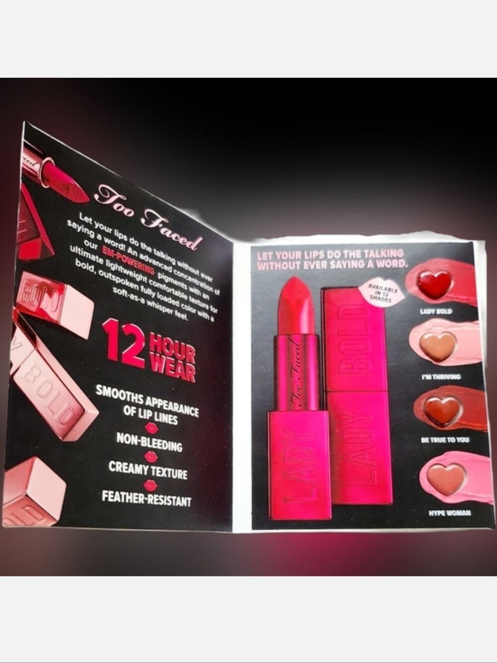 NWT DELUXE SAMPLE TOO FACED LADY BOLD 12HR WEAR LIPSTICK SAMPLE PACKETTE!